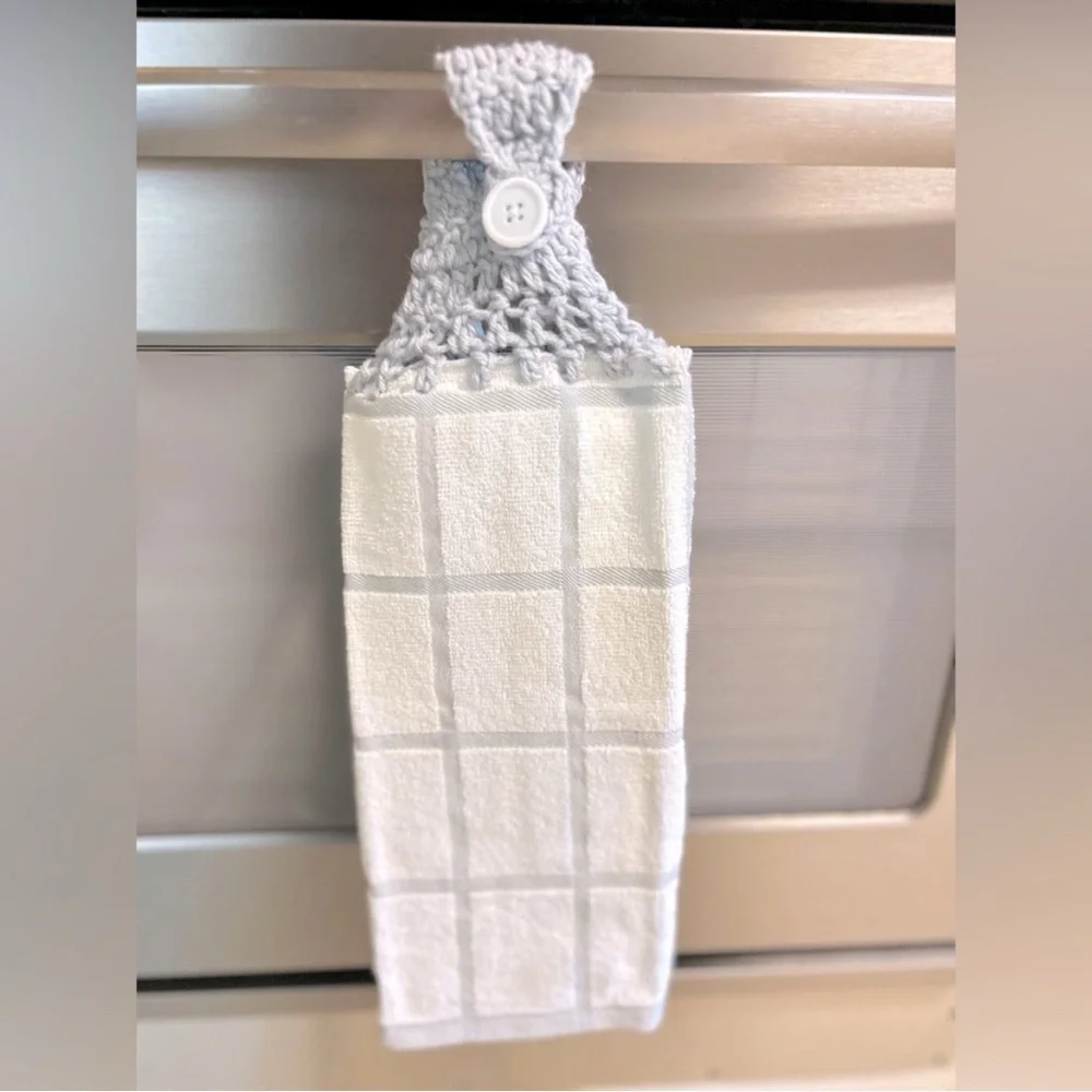 Hand Crafted Gray and White Hanging Hand Towel Crochet Top Kitchen or Bathroom